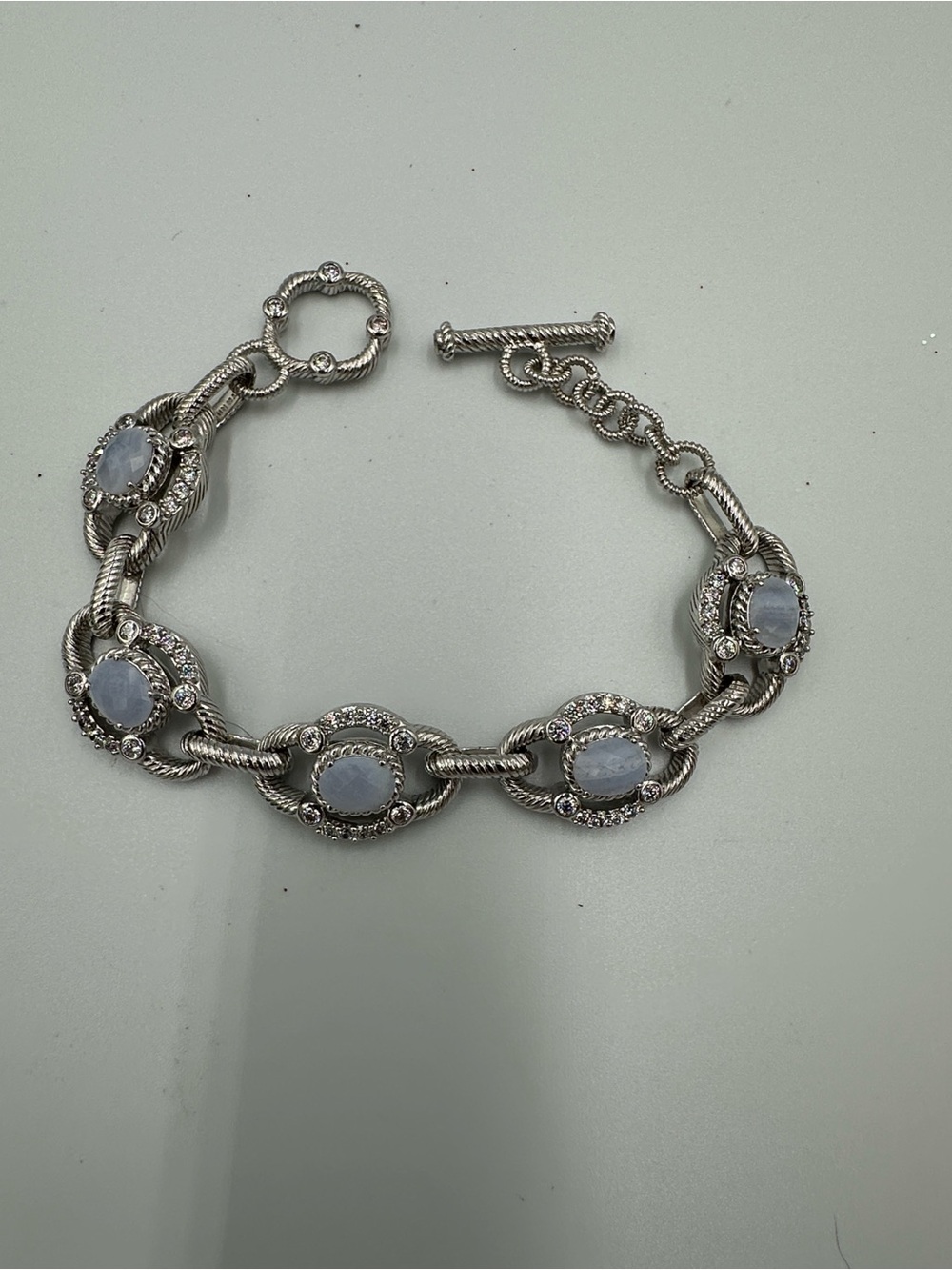 Judith Ripka 925 Sterling Silver Cable Links Toggle 5 Oval Stones Bracelet - Picture 2 of 16